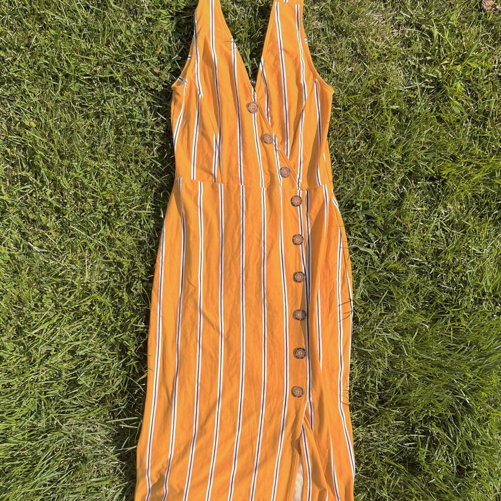 Yellow button dress/ mustard striped dress